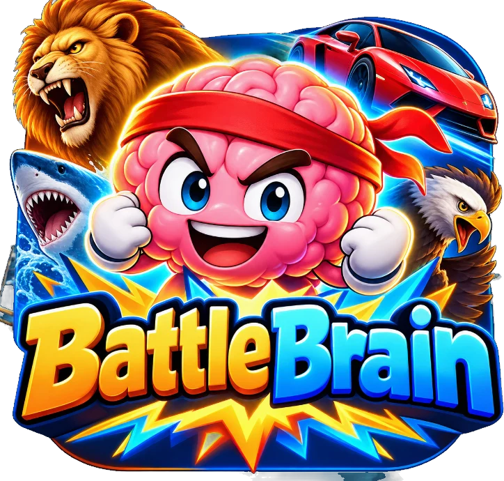 BattleBrain logo: a pink cartoon brain in a red headband, surrounded by a roaring lion, a shark, a red supercar and an eagle