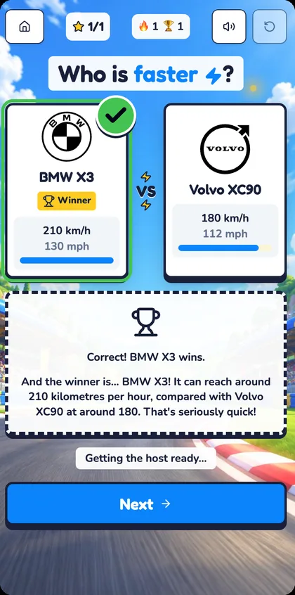 A BattleBrain result: Correct! BMW X3 wins at around 210 km/h against the Volvo XC90 at around 180 km/h
