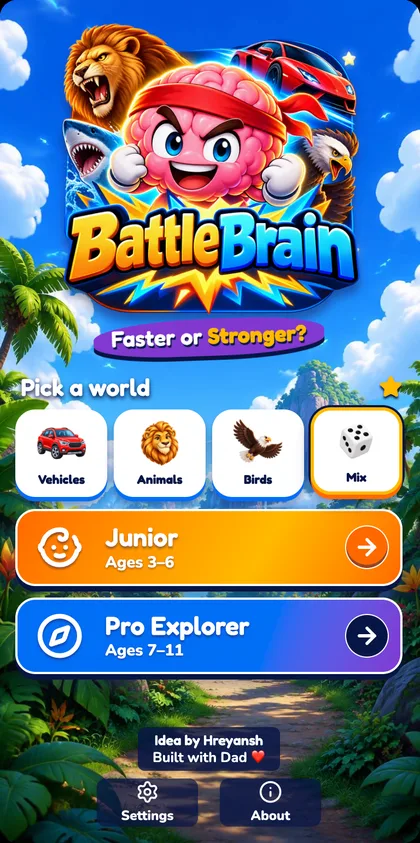 BattleBrain home screen with world choices Vehicles, Animals, Birds and Mix, and the Junior and Pro Explorer buttons